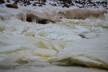 Ice formations at Baltic sea coast. Full of ice winter sea coast in Europe. Natural outdoor seascape with frozen ice formations. Ice covered Baltic sea coast. Frozen ice on a sunny day. Scenic view