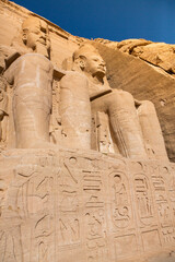 Abu Simbel temple in Egypt. Colossus of The Great Temple of Ramesses II. Africa.