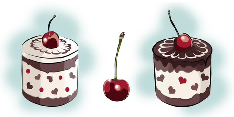 Colored border of cherries and cakes .