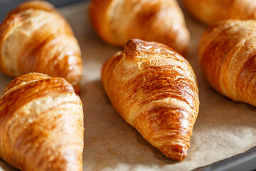 Croissant on tray - freshly baked pastry