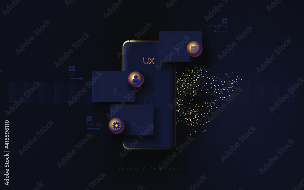 Poster mobile ui ux, korbon and gold concept. mobile phone with a mobile app interface consisting of blocks