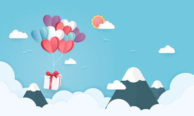 illustration of love and valentine day with paper heart balloon and gift box float on the blue sky. Can be used for Wallpaper, invitation, posters, banners. Paper cut style. Vector illustration.