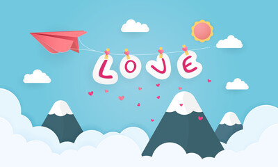 illustration of love and valentine day background. With paper plane , clouds and words of love are floating in the blue sky. Can be used for wallpaper, invitation, posters, banners. Paper cut style.