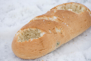 The spoiled bread is thrown away. Food problem in the world.