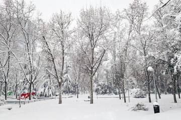 Public park and children’s playground covered in snow in a public park in Madrid during the Filomena storm.