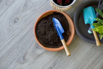 Blue gardening shovel in pot planters with soil and fertilizer on wooden floor. (Top View)