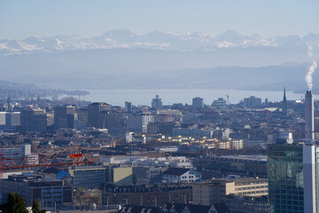Panorama view of city of Zurich, Switzerland, photo taken February 21st, 2021, Zurich, Switzerland.