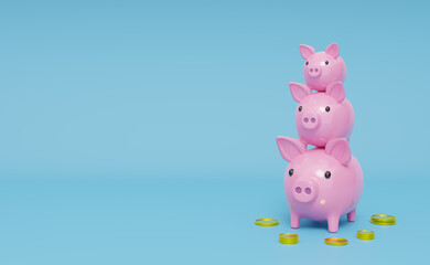 piggy bank family with gold coins money in blue composition background ,saving money Concept, 3d illustration or 3d render