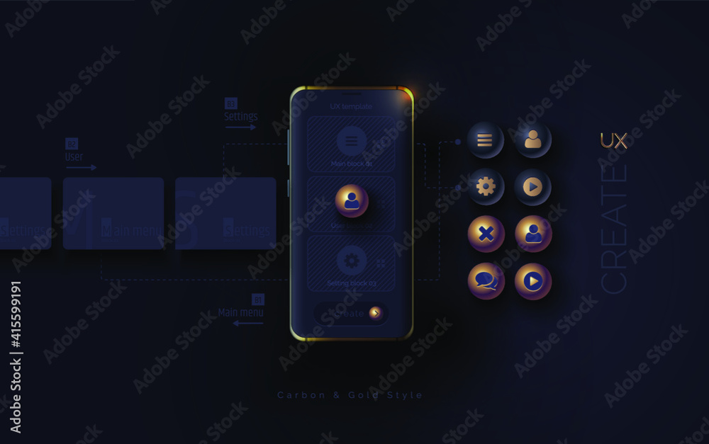 Poster mobile ui ux, korbon and gold concept. mobile phone with a mobile app interface consisting of blocks