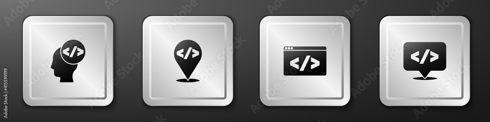 Wall mural set front end development, , and icon. silver square button. vector.