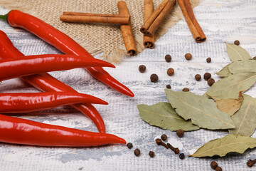 Red chili peppers and bay leafs