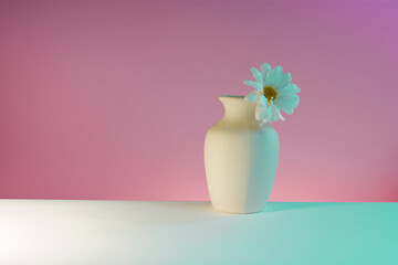 Minimalist still life with vase and chrysanthemum flower on a pink background in retro vaporwave style