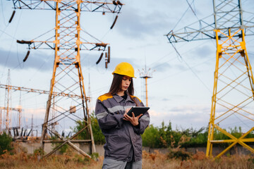 A young engineering worker inspects and controls the equipment of the power line. Energy