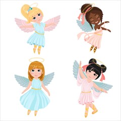 Set of Dancing Angels. Wings and halo. Children are dressed like angels. Simple drawing in pastel colors. Vector illustration in cartoon style isolated on white background.