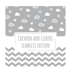 Chevron zig zag and clouds with stars seamless pattern. Two vector patterns in white and grey for paper or fabric.