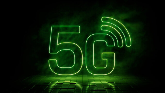Green neon light 5G icon. Vibrant colored technology symbol, isolated on a black background. 3D Render 