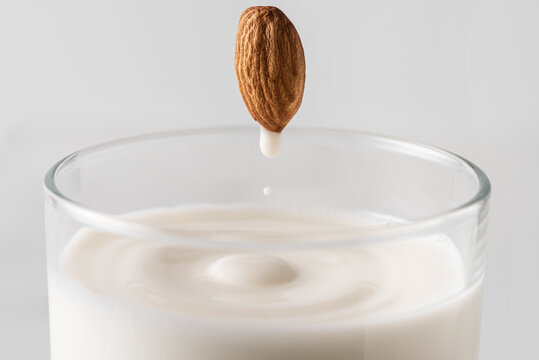 Almond milk drop flowing from the whole nut into the glass full of plant based milk. Making almond milk creative concept