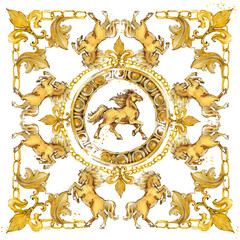 Silk scarf with golden horse and damask ornament. luxury shawl design. gold lace watercolor hand drawn textile background. © Елена Фаенкова