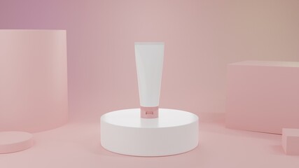 3D rendering Cosmetic product: A white tube with pink lid stand on the white podium with pink geometric background