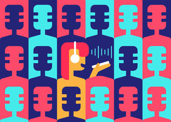 Drop-in audio chat. Podcast room. Club house. Abstract background from old retro microphones. Girl speaker speaks and listens to dialogues in headphones. Conversations. Vector flat illustration