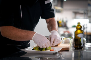 chef cook hands in gloves prepare or put healthy greek salad on plate at kitchen