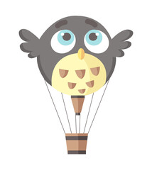 Flat illustration of hot air-balloon. Owl bird cartoon flying entertainment festival balloon outdoor. Travel, sky transport illustration