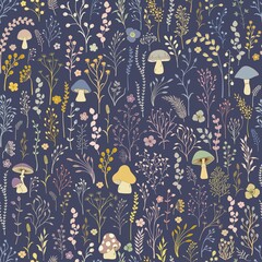 Seamless pattern. Set of colorful wild plants and fungus - 415603722