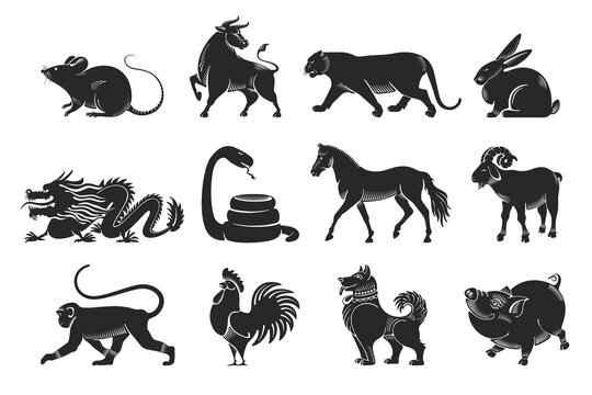 Chinese zodiac signs set. The set consists of twelve animal silhouettes drawn in a graphic or engraved style. Vector illustration.