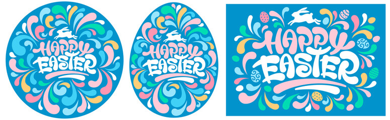 Fototapeta na wymiar Set of Happy Easter cards or stickers templates with colorful ornament, rabbit and eggs. Unusual hand drawn calligraphy. Can be easy used for any design on Easter celebrations. Vector illustration.