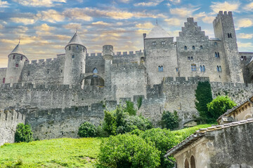 panoramic view of the historic center of Carcassonne surrounded by the walls of an old castle at sunset