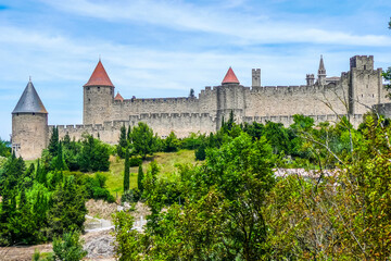 Fototapeta na wymiar panoramic view of the historic center of Carcassonne surrounded by the walls of an old castle