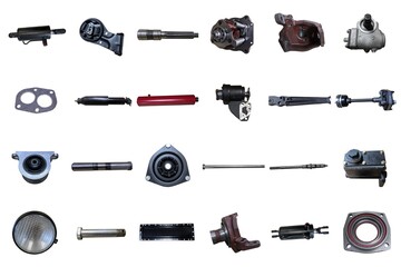 Auto spare parts car on the white background. Set with many isolated items for shop or aftermarket	