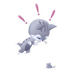 Kitty illustration. House domestic cat in position and activitie. The cat plays with the mouse.