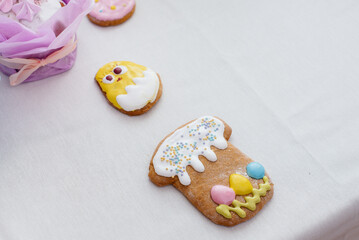 Beautiful Easter cakes on a decorated light table. A light holiday of Easter.