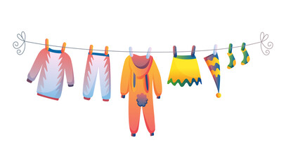 Various items of baby clothes on rope isolated illustration on white background. Laundry held by plastic pegs drying