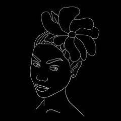 Abstract woman face one line drawing. Portrait minimalistic style. Modern abstract face with flower in hear white line on black. Minimalism concept of african women face, long hear. Face line art