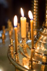 Fototapeta na wymiar Burning candles on a church candlestick, a symbol of prayer