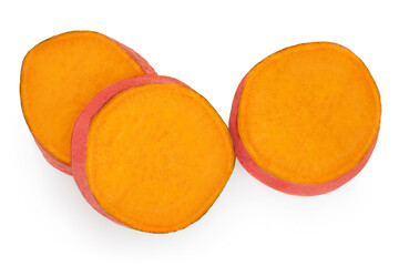Sweet potato circles  isolated on white background. Top view. Halved  raw potato top view. Close up