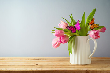 Beautiful tulip flower bouquet on wooden table. Spring season background