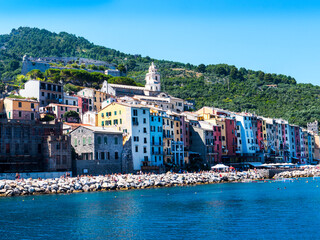 Walled town and harbour of Porto Venere on the coastline in Liguria Italy. The 5 Cinque Terra fishing villages can be reached from here