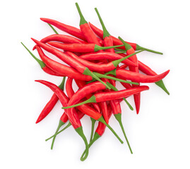 Chili pepper isolated on a white background. Heap of Fresh red chilly pepper Top view