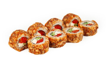 Sushi Roll with fried salmon in Teriyaki sauce on a white plate, ingredients Fried salmon, cream cheese, cucumber, baked pepper, flying fish roe, Spicy sauce, rice, nori. For the restaurant menu.