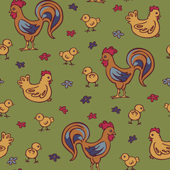 Vector seamless pattern with roosters and abstract flowers.