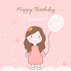 Happy birthday greeting card for children with cute girl, crown and balloon on pink background
