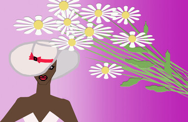 3 D - rendering. On a pink background, a portrait of a dark-skinned woman in a white hat. Above are white daisies.