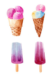Watercolor illustration set of delicious ice cream
