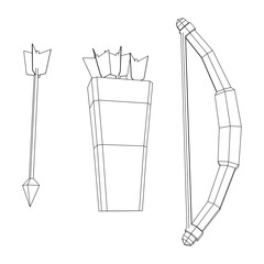 Medieval Bow and arrow archer weapon. Wireframe low poly mesh vector illustration.