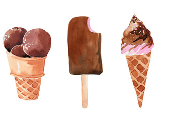 Watercolor illustration set of delicious ice cream