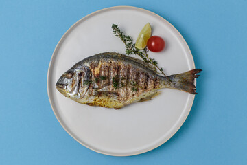 Grilled dorado with thyme, tomato, lemon and spices in a white plate on a blue background