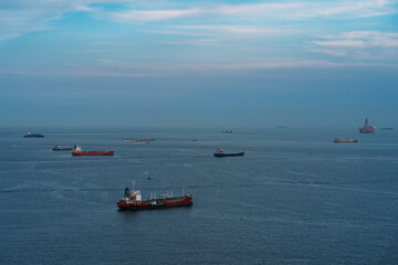 Large ships near oil tanker in sea near Busan, South Korea